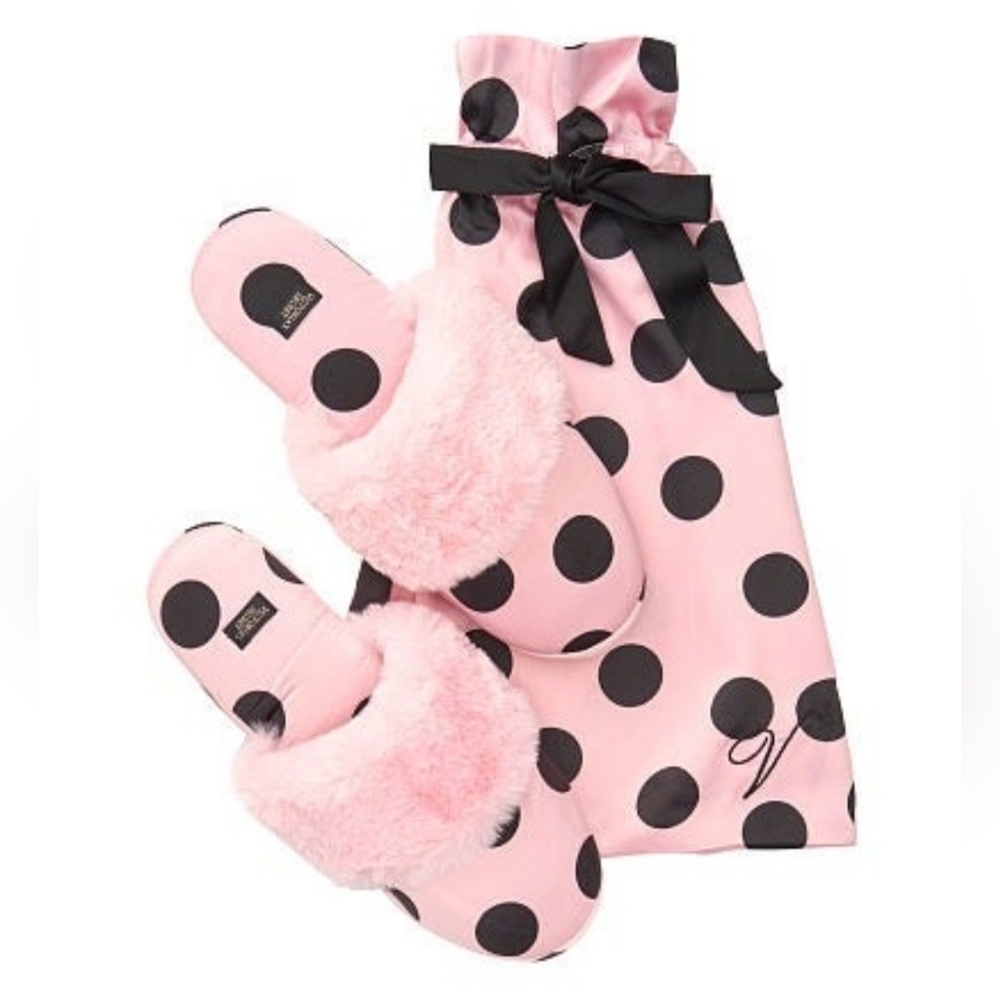 Victoria's Pink Polka Dot Slippers with Bag